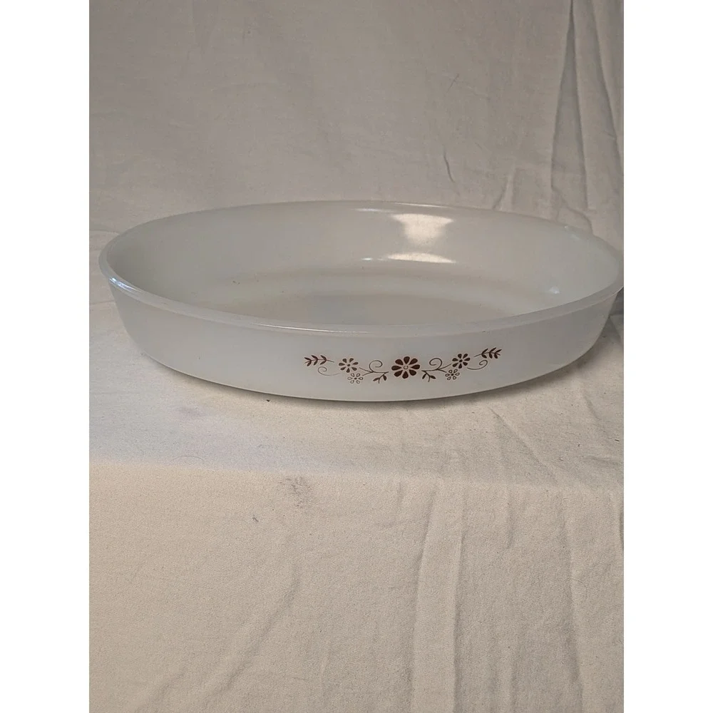 Vintage Dynaware Pyr-O-Rey Milk Glass Oval Baking Dish Brown Floral Pattern